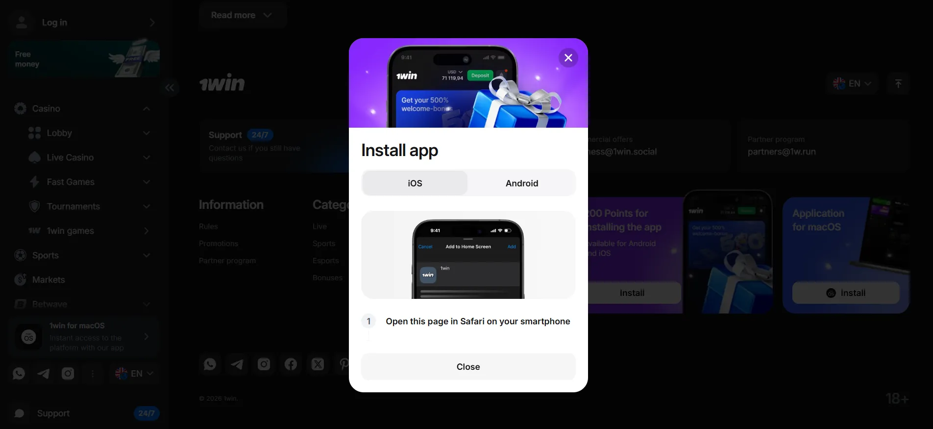1Win app for iOS on iPhone in India